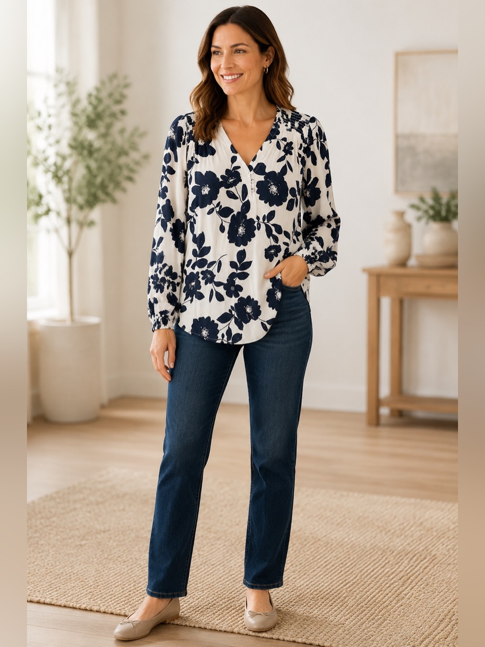 Liz Claiborne Medium Navy Blue Floral Smocked Shoulder Peasant Blouse. Beautiful